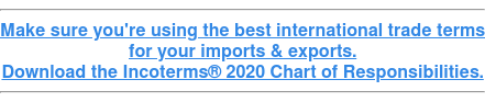 Make sure you're using the best international trade terms for your imports & exports. Download the Incoterms 2020 Chart of Responsibilities.