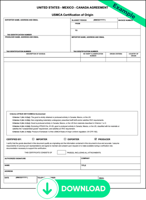 USMCA Certificate of Origin